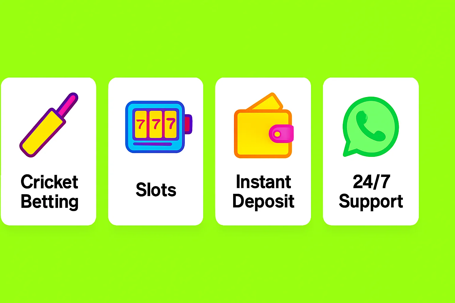 Four white app feature cards on lime green background with icons
