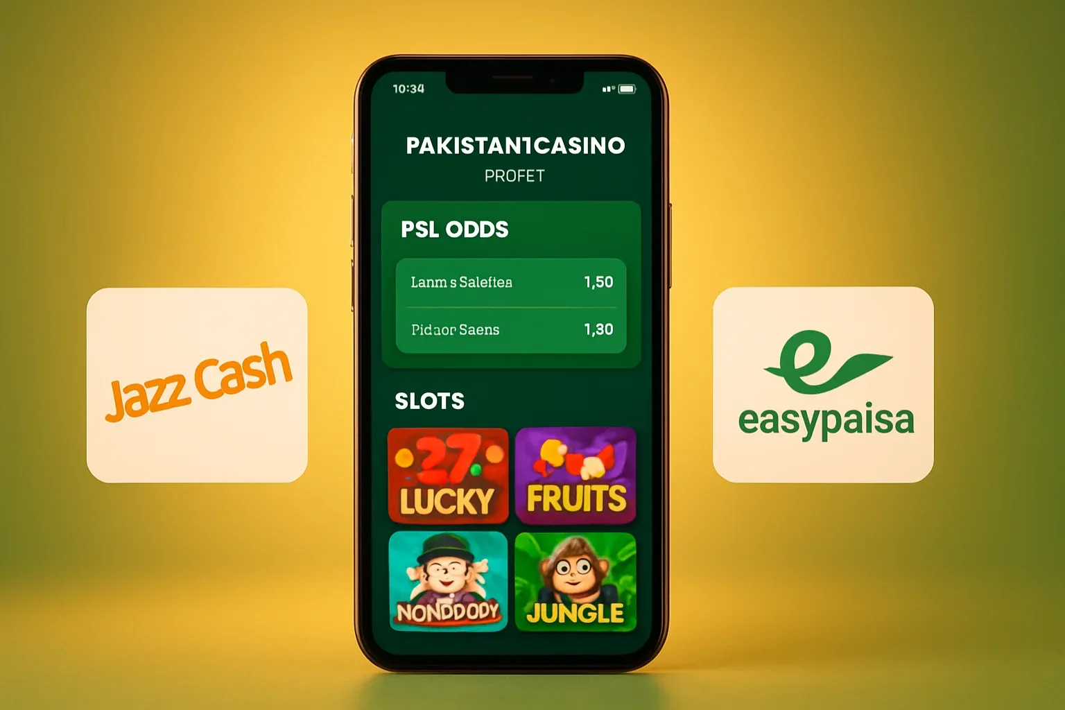 Modern Android phone showing PSL cricket odds and slots with JazzCash and Easypaisa logos