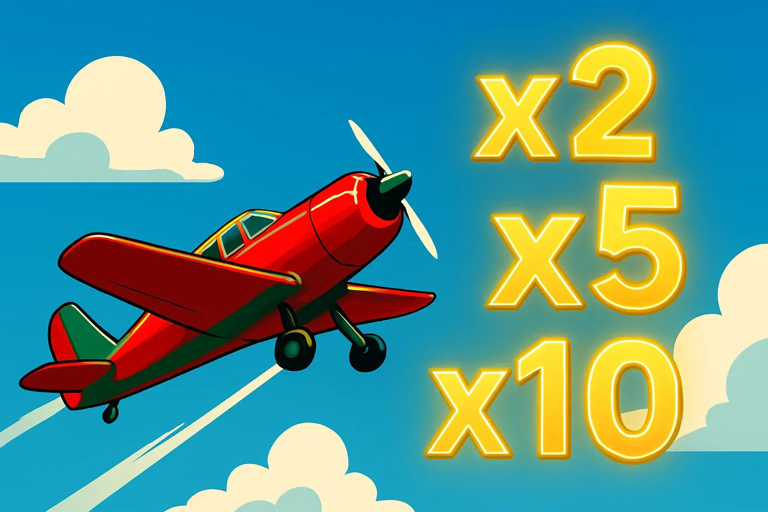 Red and green airplane rising with gold x2 x5 x10 multipliers in blue sky