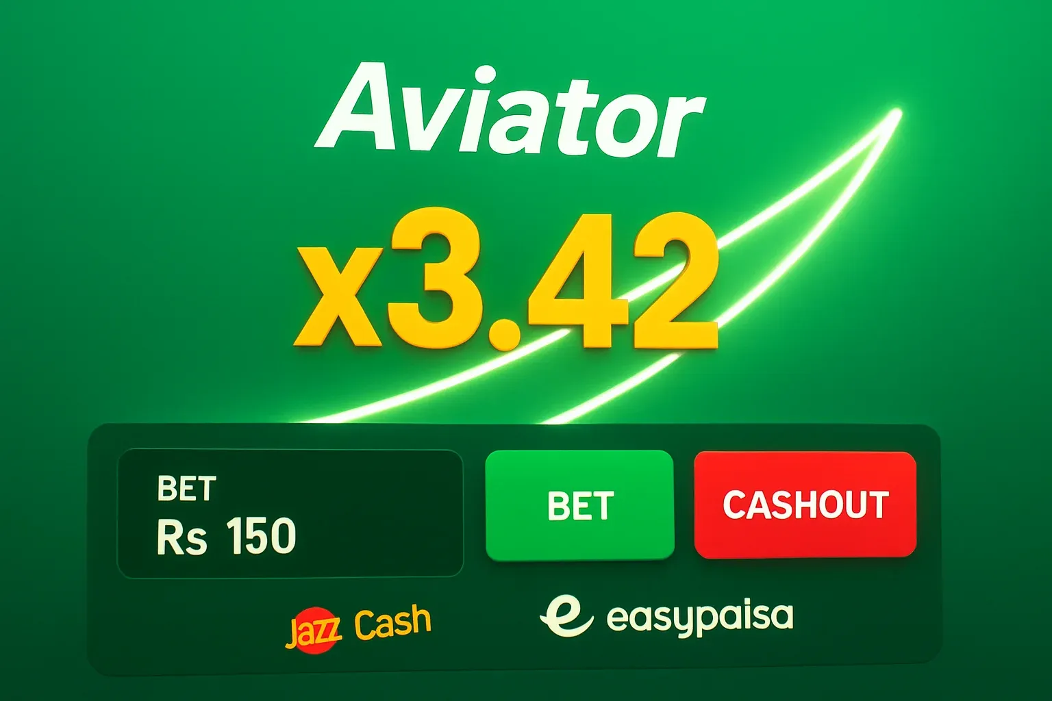 Aviator game UI on green gradient with glowing curve and x3.42