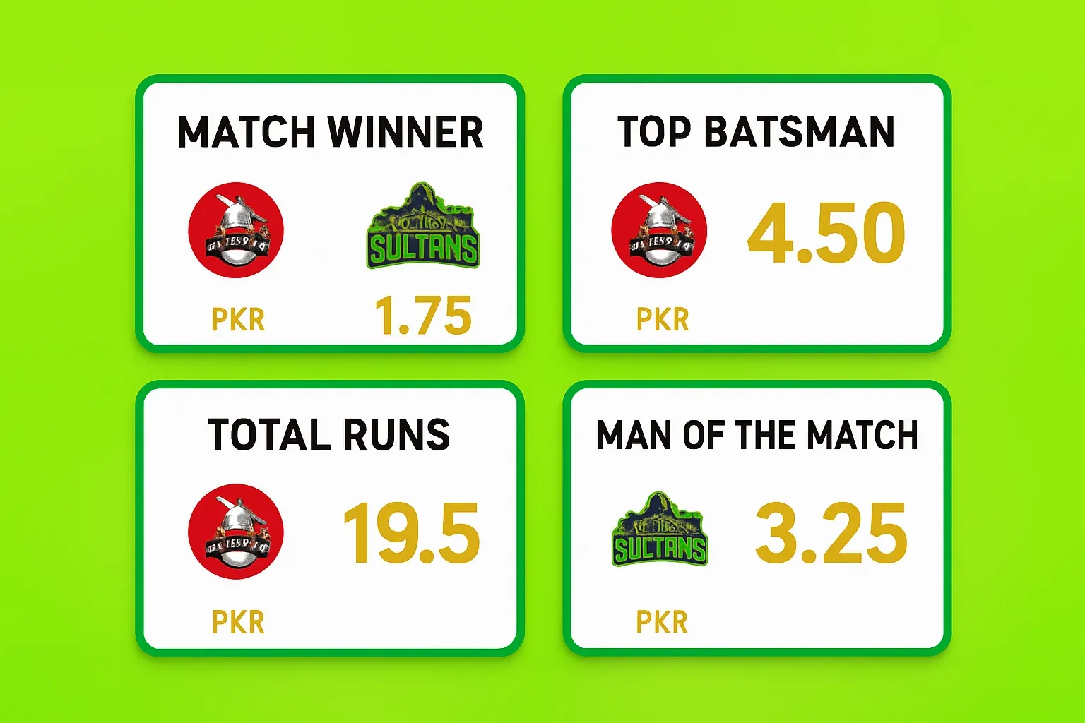 Cricket betting markets interface with four white cards and PKR odds