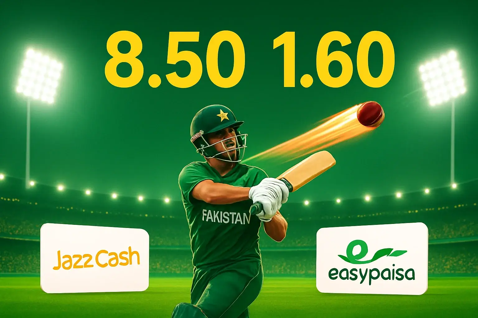 Pakistani PSL stadium night scene with batsman six, live odds overlay