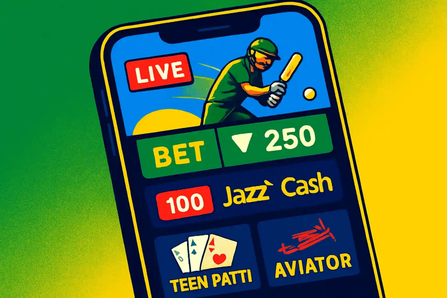 Smartphone cricket live match betting interface with JazzCash, Teen Patti, Aviator