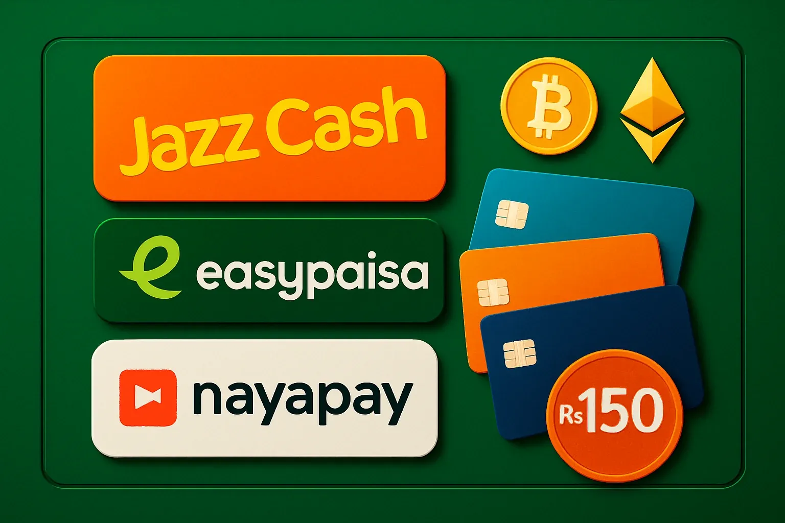 Pakistani fintech payment display with JazzCash, Easypaisa, Nayapay, cards, crypto, Rs 150 badge