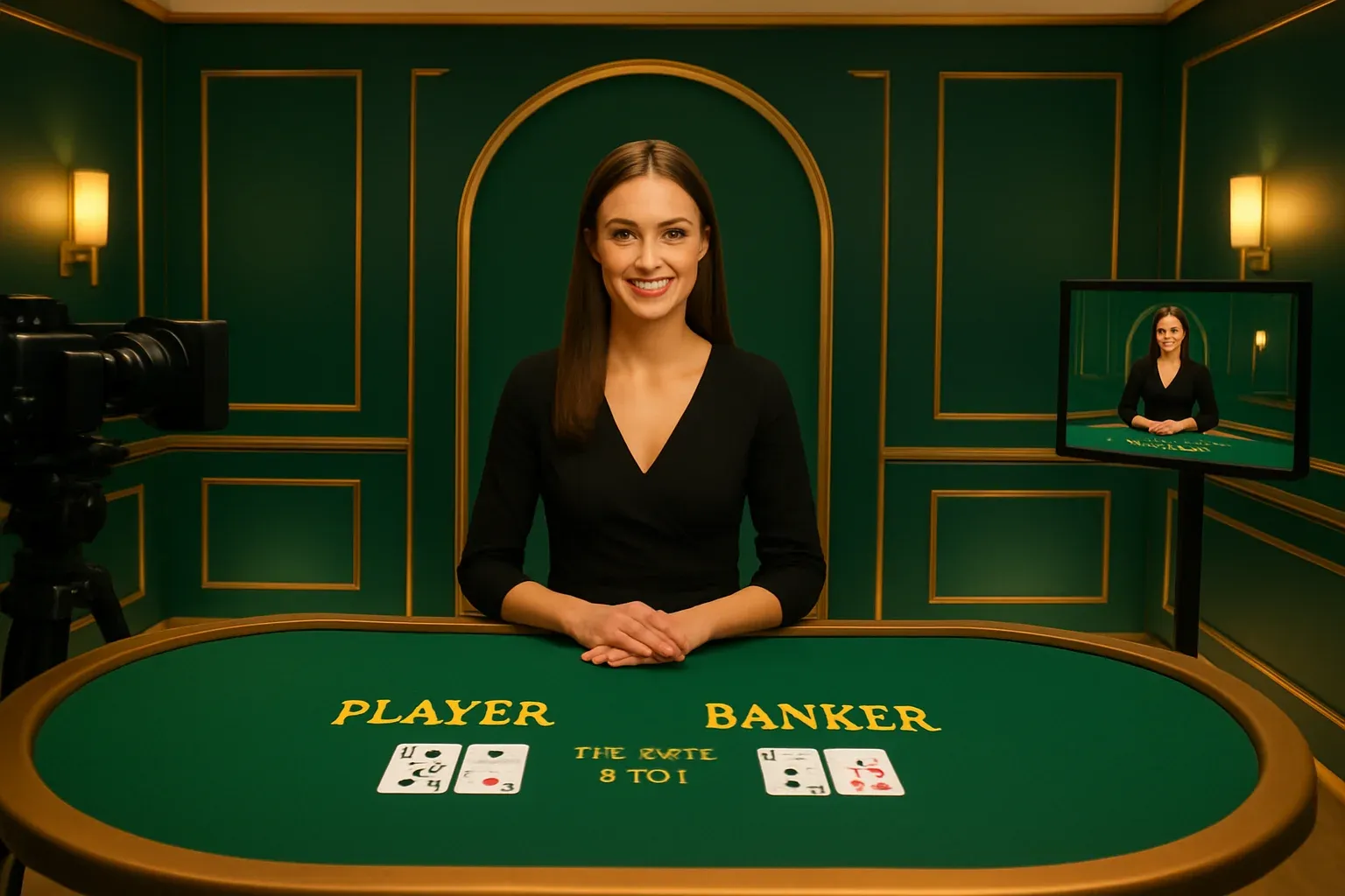 Elegant live casino studio with smiling dealer at green baccarat table