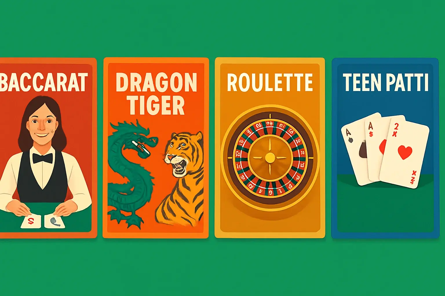 Four live casino game covers on emerald green background