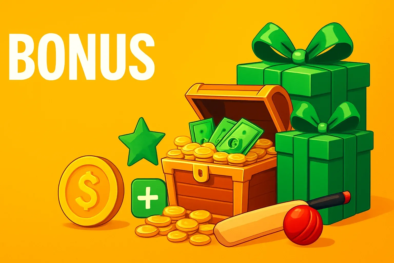 Pakistani casino bonus banner with treasure chest, rupee notes, gifts, cricket gear