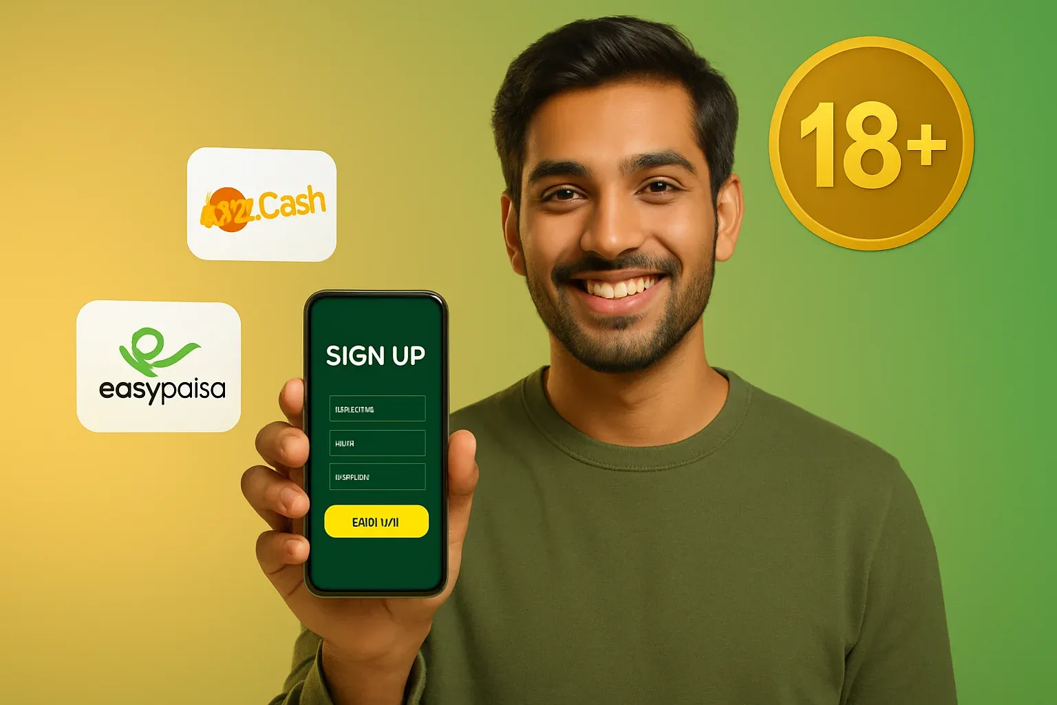 Smiling Pakistani man holding phone with signup form, 18+ badge, JazzCash and Easypaisa logos