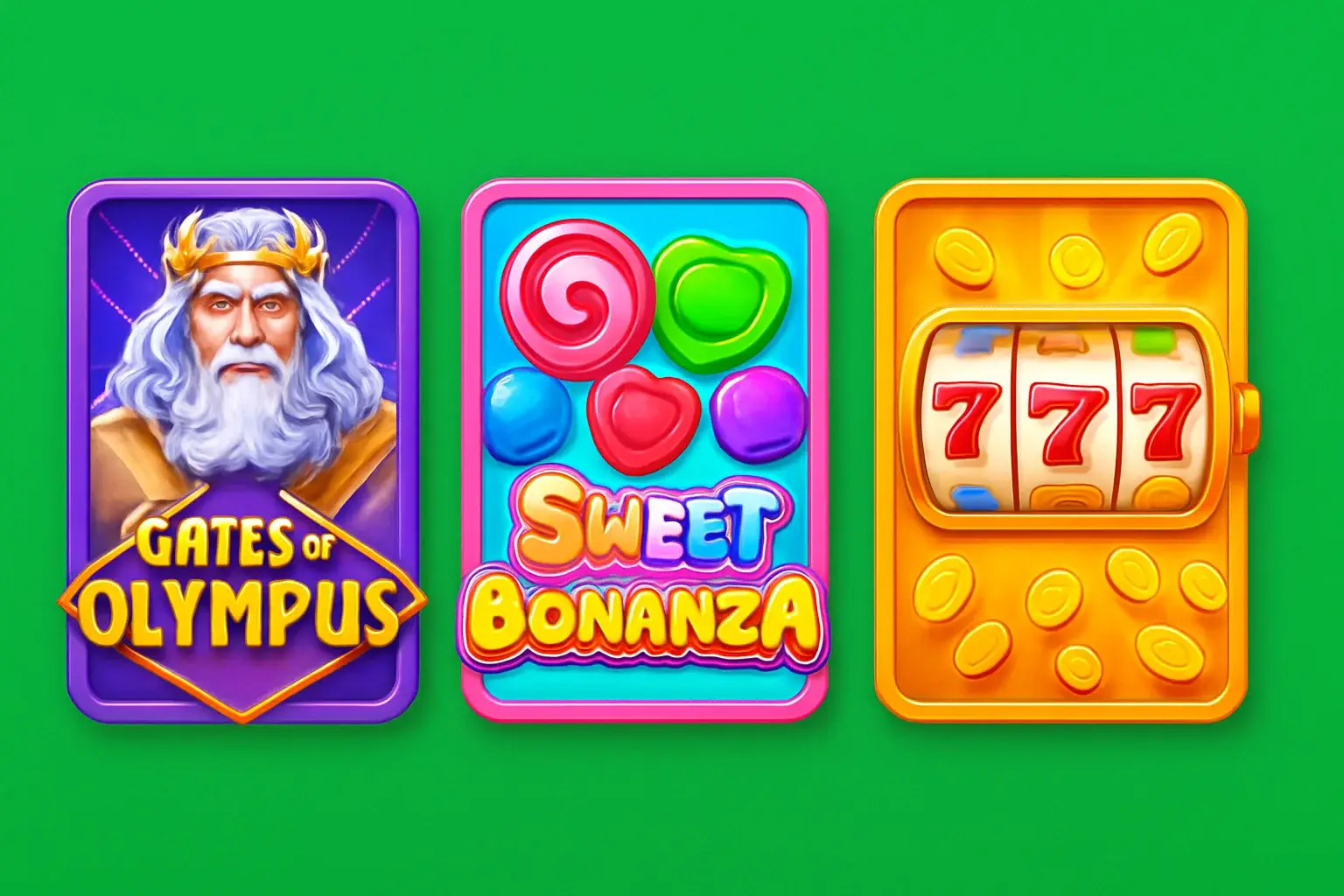 Pakistani casino slot machines collage with Zeus lightning, candy theme, gold coins