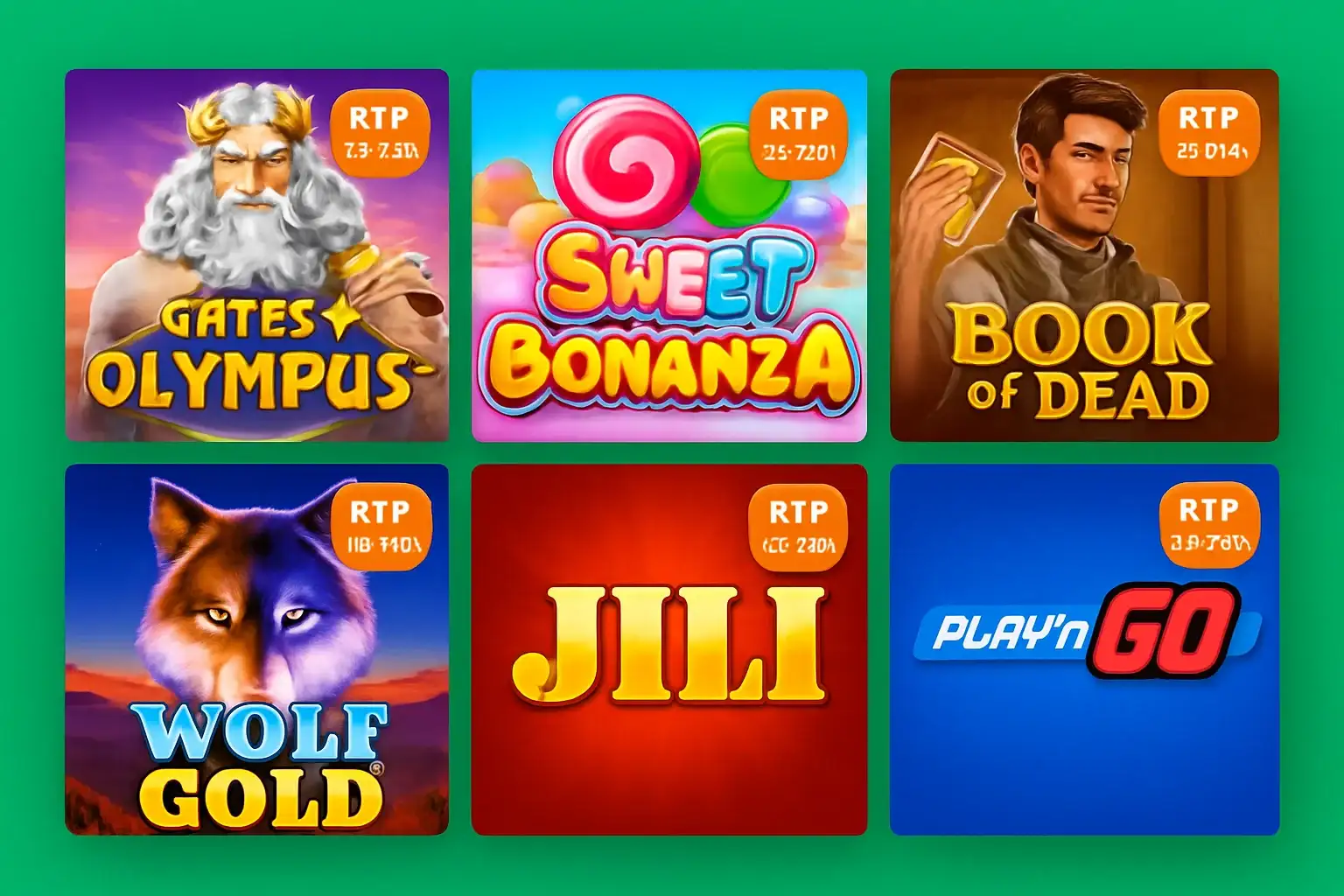 Six popular slot game covers in grid on vivid green background