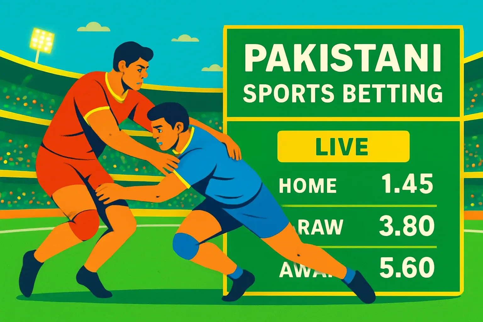 Pakistani sports betting banner with kabaddi tackle and live odds panel