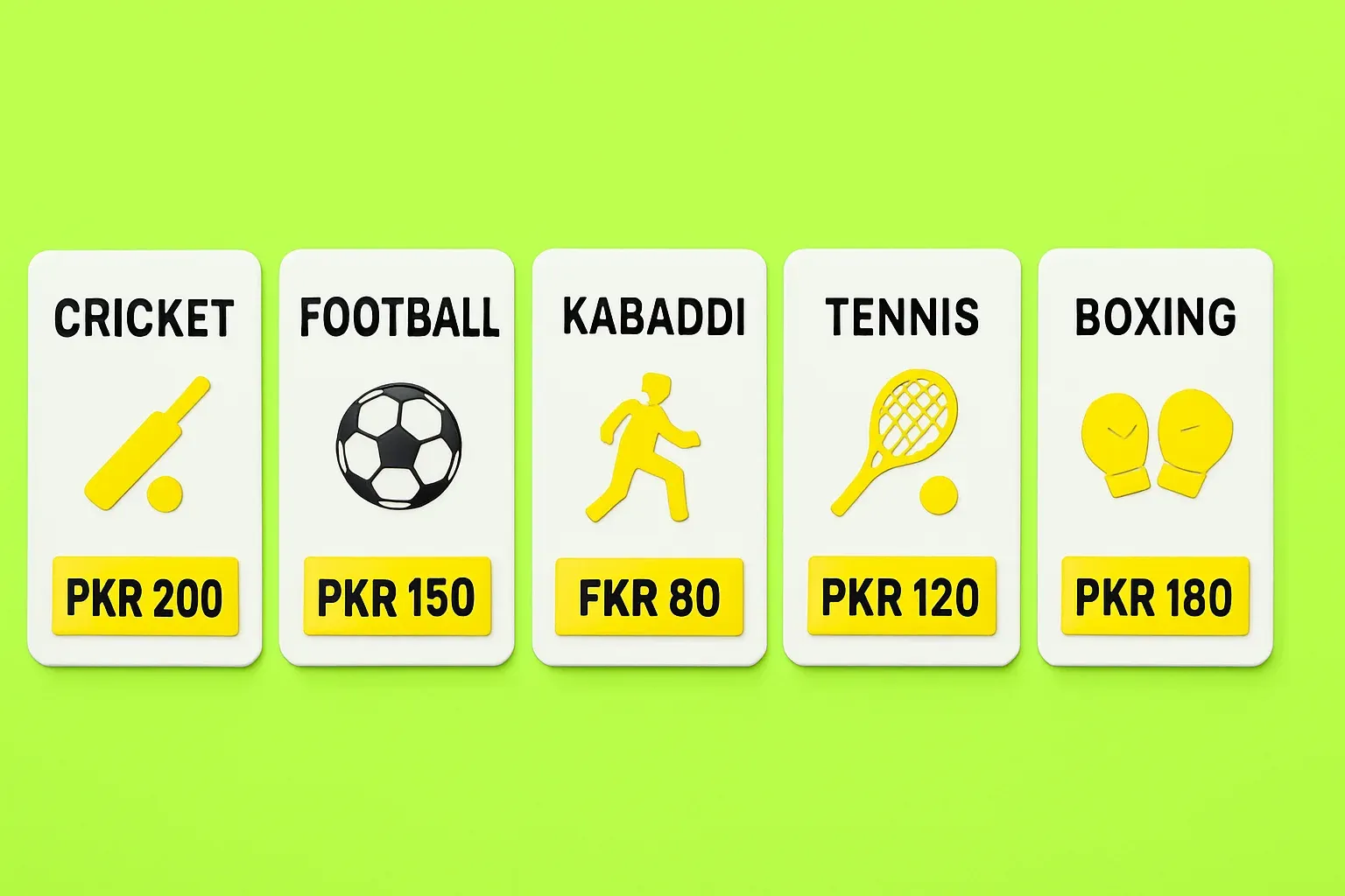Sports betting markets UI with five sport cards and PKR odds