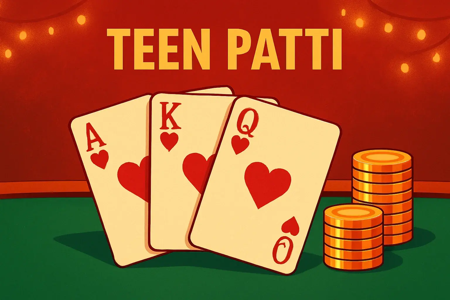 Teen Patti online banner with royal flush cards, green felt and gold chips