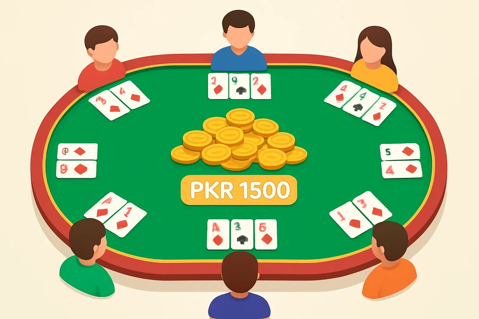 Aerial Teen Patti table with six players, face-up cards, gold coins